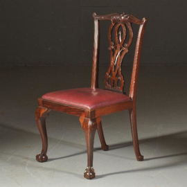 Antieke stoelen / Stel van 14 zware mahonie stoelen waarvan 2 met armleuningen ca. 1890 in roodbruinleer(No.520522)