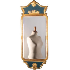 Antieke spiegel / Markante goudkleurige rechthoekige spiegellijst ca. 1920 met facet en blauwe accenten(No.762427)