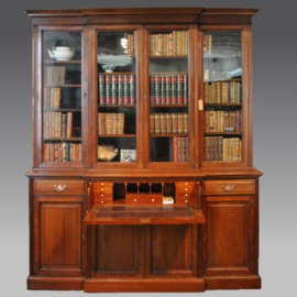 Antieke kast / Engelse 8-deurs break front bibliotheekkast met bureau-lade ca. 1890 (No.772321)