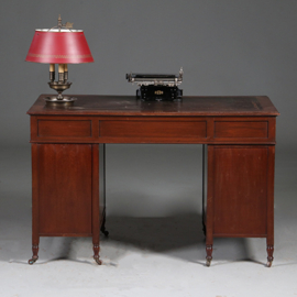 Edwardian bureau op gedraaide pootjes met mooi oud bruin leer ca 1900 (No.960430)