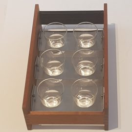 Antiek varia / Art deco houder met 6 flinke borrelglazen of shotglazen ca. 1940 met kantelmechaniek (No.370772)&