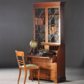 Antieke bureaus / Engelse mahonie klepsecretaire ca. 1890 met oud doorleefd leer (No.762654)