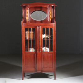 Antieke kast / Hollands Art deco boekenkastje salonkastje met geslepen glas, spiegel en inlegwerk ca. 1910  (No.562211)