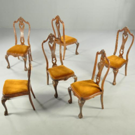 Antieke stoelen / stel van 6 noten met wortelnoten Chippendale  (No.981324)