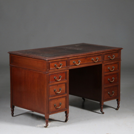 Edwardian bureau op gedraaide pootjes met mooi oud bruin leer ca 1900 (No.960430)