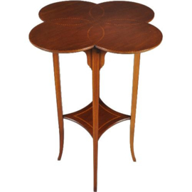 Antieke bijzettafels /  Wijntafels / Elegant Engels tafeltje ca. 1890 in mahonie ingelegd blad met 4 cirkelvormen (No.251613)