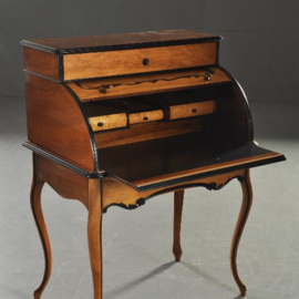 Antieke bureaus / Hollands Willem III damesbureau / trommelbureau ca. 1875 in noten met zwart (No.985985)