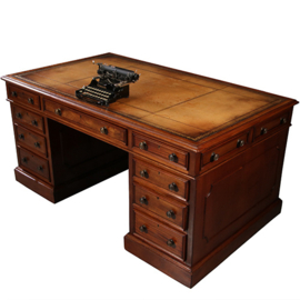 Mahonie bureau Goud gestempeld doorleefd leer ca 1870  (No.913145)