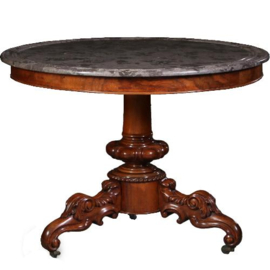 Antieke tafel /  Ronde Franse Gueridon  of  centre table  ca. 1860 in mahonie met marmer blad (No.670643)
