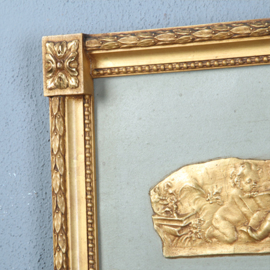 Gave korte damspiegel in goud met grijsgroen paneel ca 1920 facet geslepen (No.270125)