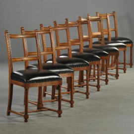 Antieke stoelen / Stel van 8 stoelen met zwart leer ca. 1885 - Rijks universiteit Leiden (No.272151)
