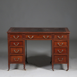 Edwardian bureau op gedraaide pootjes met mooi oud bruin leer ca 1900 (No.960430)