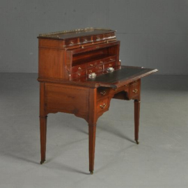 Antieke bureaus / Mahonie trommebureau ca. 1880 met wegdraaiende zijkanten en 2 inktpotten (No.281365)