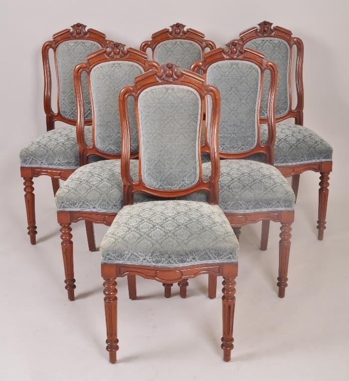 Antieke eetkamerstoelen Franse mahonie stoelen met velours (No.84160) | Verkochte antieke meubelen bibliotheek / beeldbank / archief | AntiekSite.nl