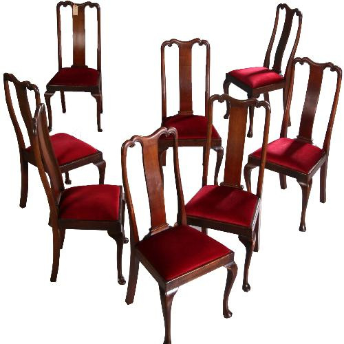Antieke stoelen Stel van 8 Engelse mahonie eetkamerstoelen ca. 1920 nieuwe bekleding wens (No.711621) | Stoelen Eetkamerstoelen | AntiekSite.nl