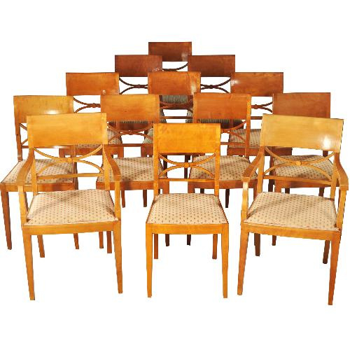 Antieke stoelen / Stel van 14 strakke eetkamerstoelen, in ahorn/esdoorn ca. 1900 in stoffering naar wens(No.992401) | Verkochte antieke bibliotheek / beeldbank / | AntiekSite.nl