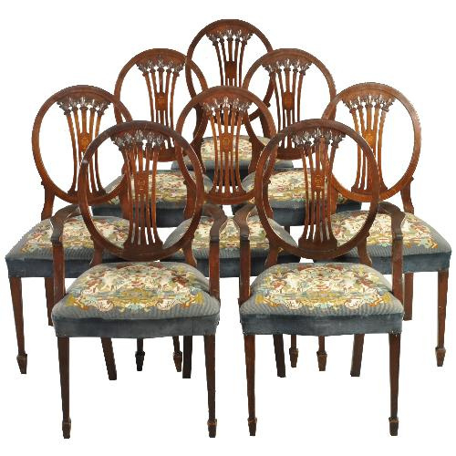 Antieke stoelen +/ Stel van 8 Hepplewhite eetkamerstoelen ca. 1890 Prijs incl herstofferen of restauratie handgeborduurde petit point zittingen (No.290625) | Antieke Eetkamerstoelen | AntiekSite.nl