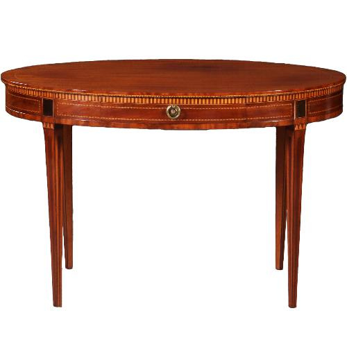 Antieke tafels / Ovale Louis Seize  Schrijftafel werktafel ca. 1790 mahonie met ebben en satijn (No.782772)