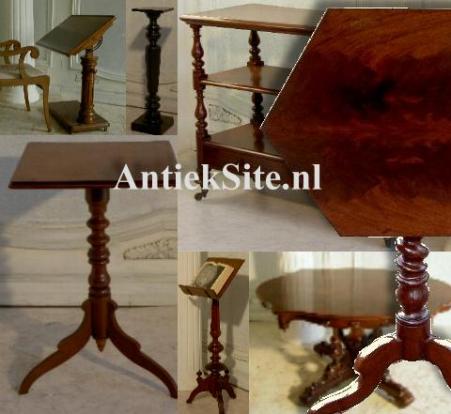 Antieke bijzettafels, wijntafels, cakestands, hangoortafels, pembroketables, salontafels, kamergemakjes, lezenaars etc.