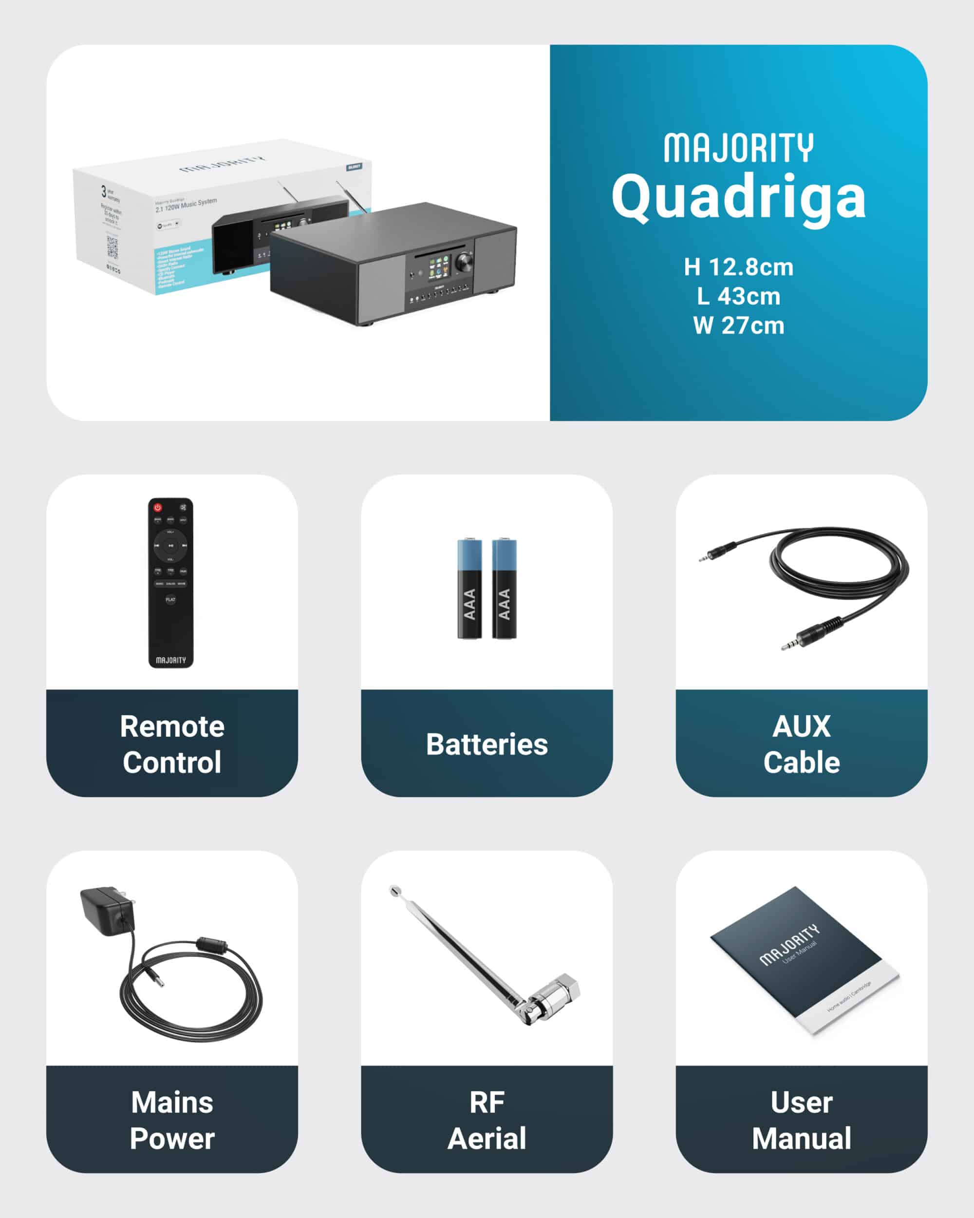 Majority Audio Quadriga stereo alles-in-1 radio met internetradio, DAB+, FM, CD, USB, Spotify en Bluetooth