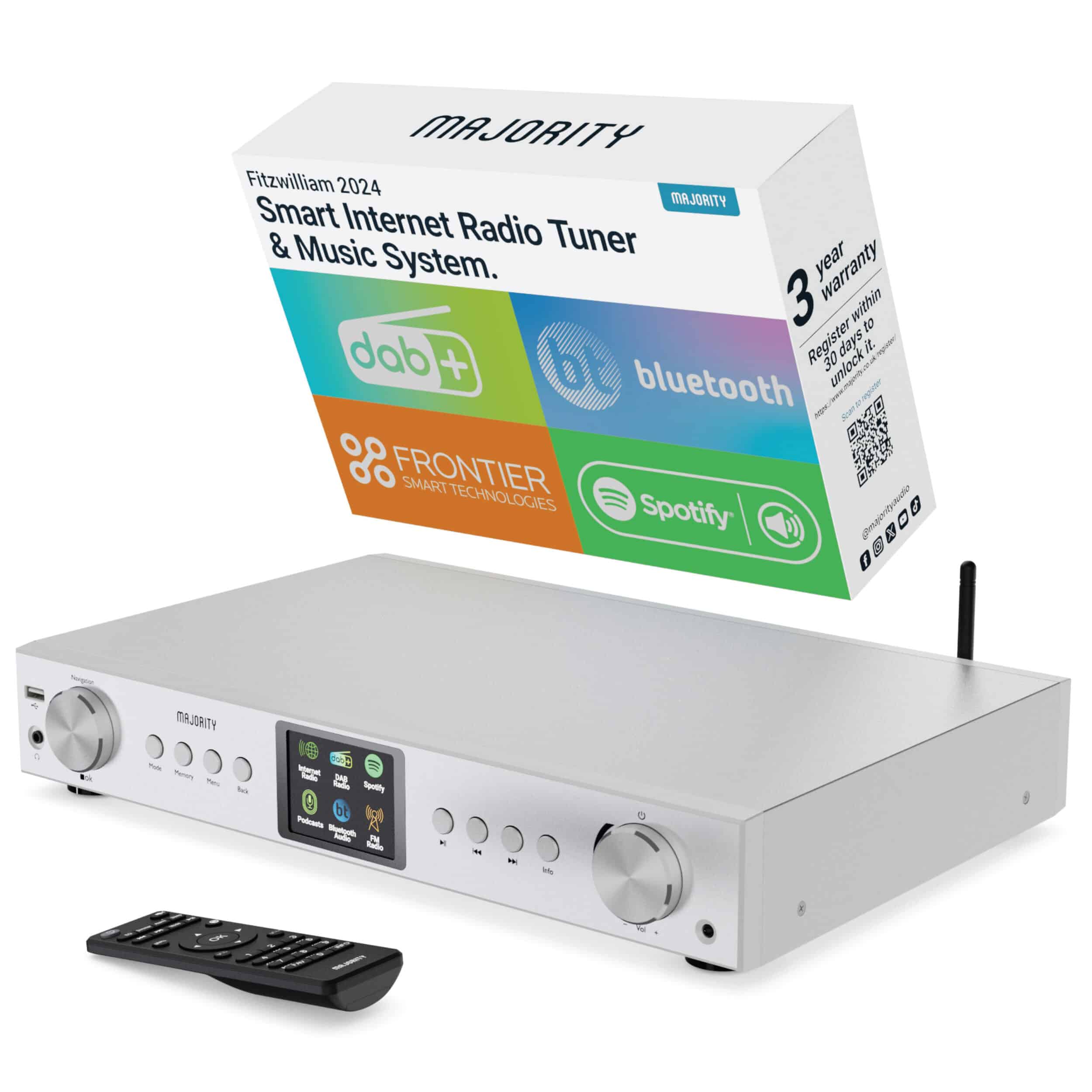 Majority Audio Fitzwilliam 2024 stereo hifi tuner met internetradio, DAB+, FM,  USB, Spotify en Bluetooth, zIlver