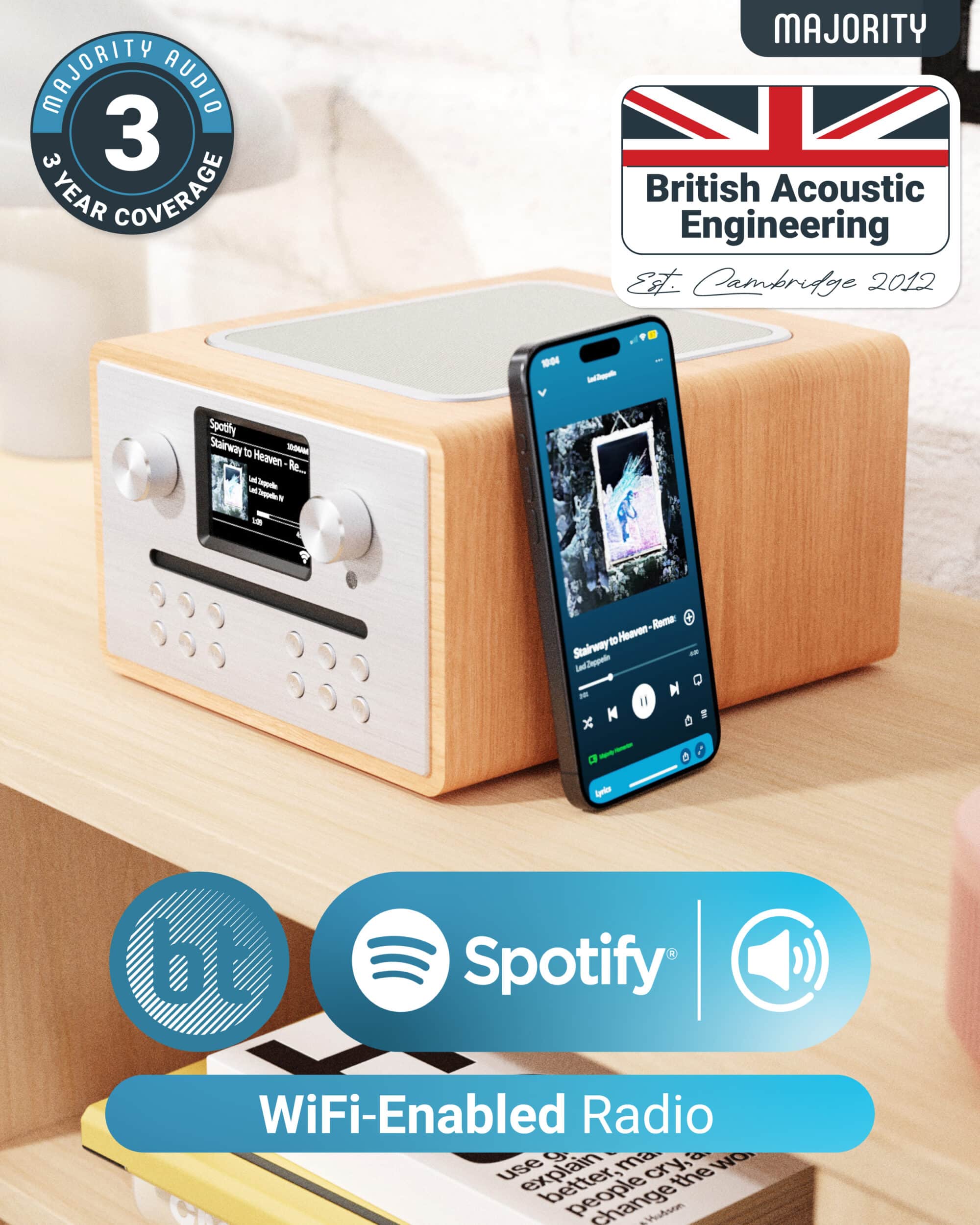 Majority Audio Homerton 2 radio met internetradio, DAB+, FM,  CD, USB, Spotify en Bluetooth, eiken