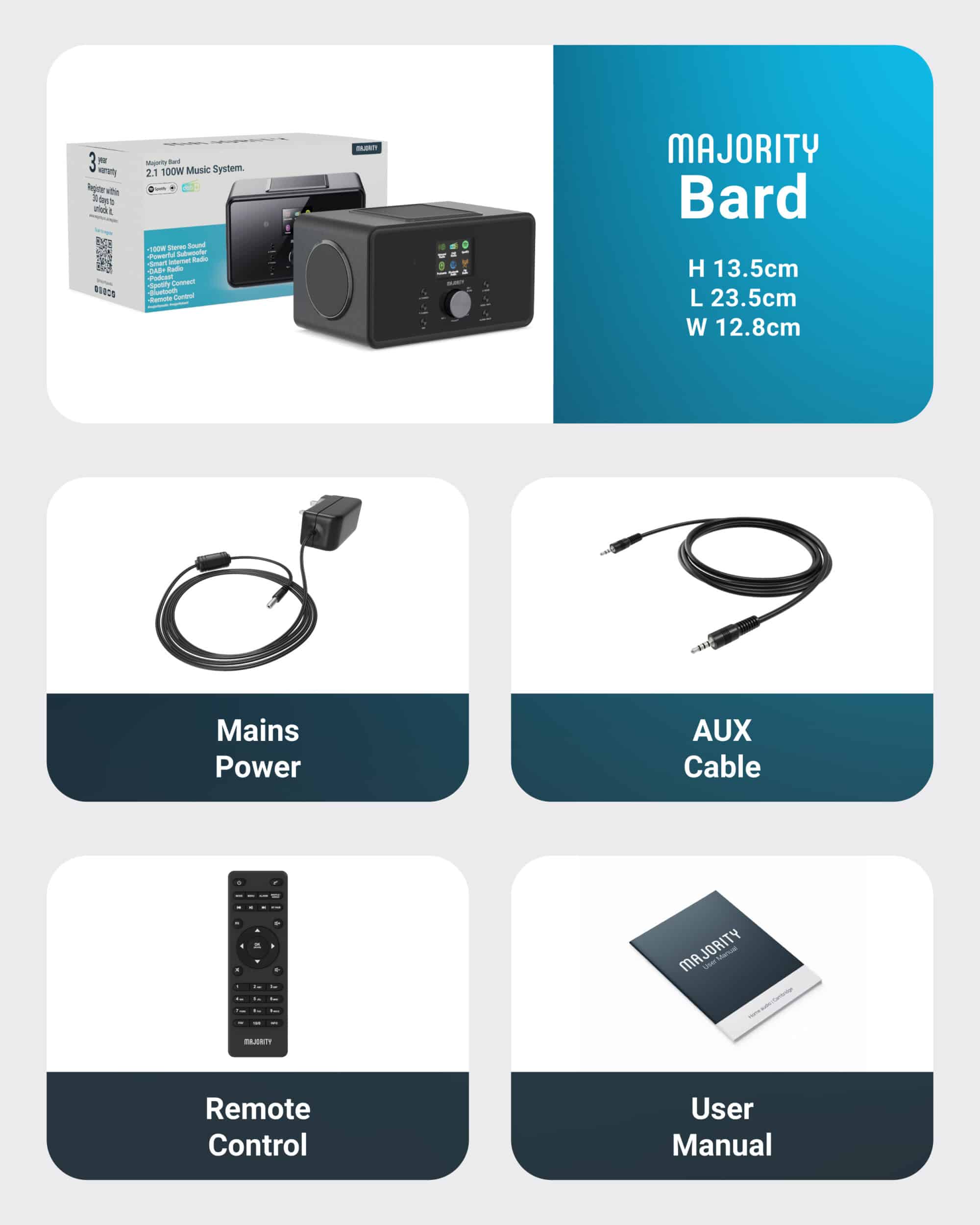 Majority Audio Bard stereo 2.1 radio met internetradio, DAB+, FM,  USB, Spotify en Bluetooth, zwart