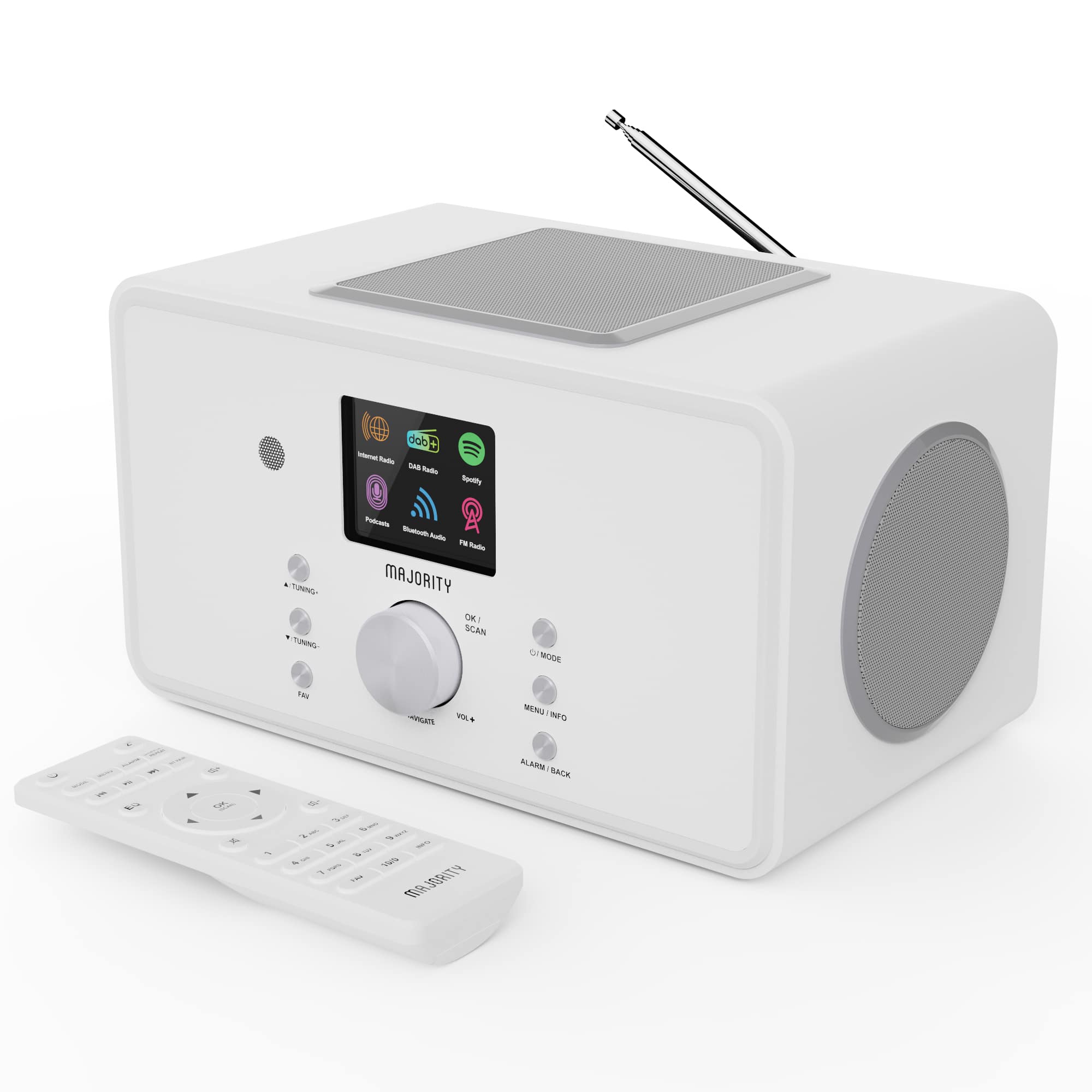 Majority Audio Bard stereo 2.1 radio met internetradio, DAB+, FM,  USB, Spotify en Bluetooth, wit