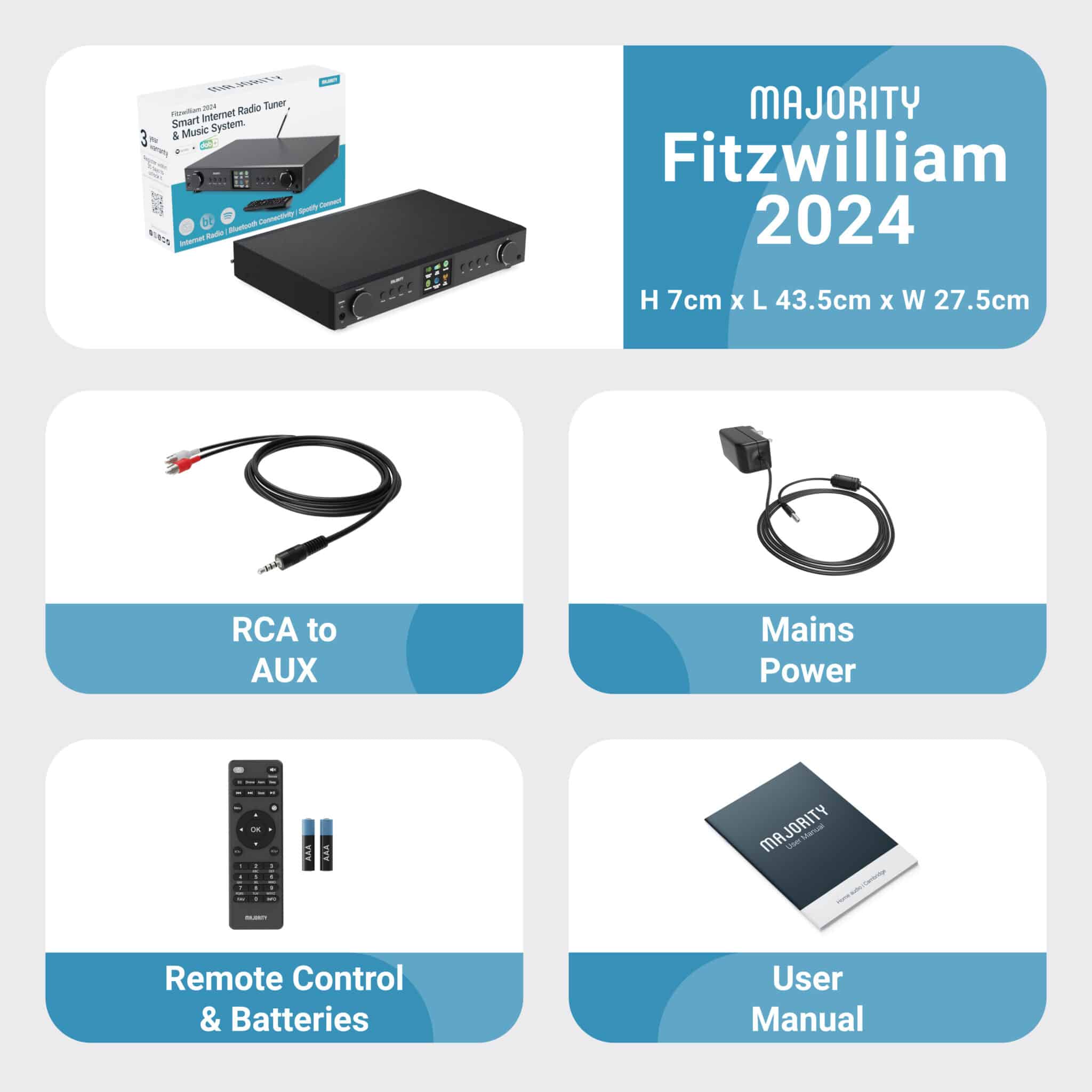 Majority Audio Fitzwilliam 2024 stereo hifi tuner met internetradio, DAB+, FM,  USB, Spotify en Bluetooth, zIlver