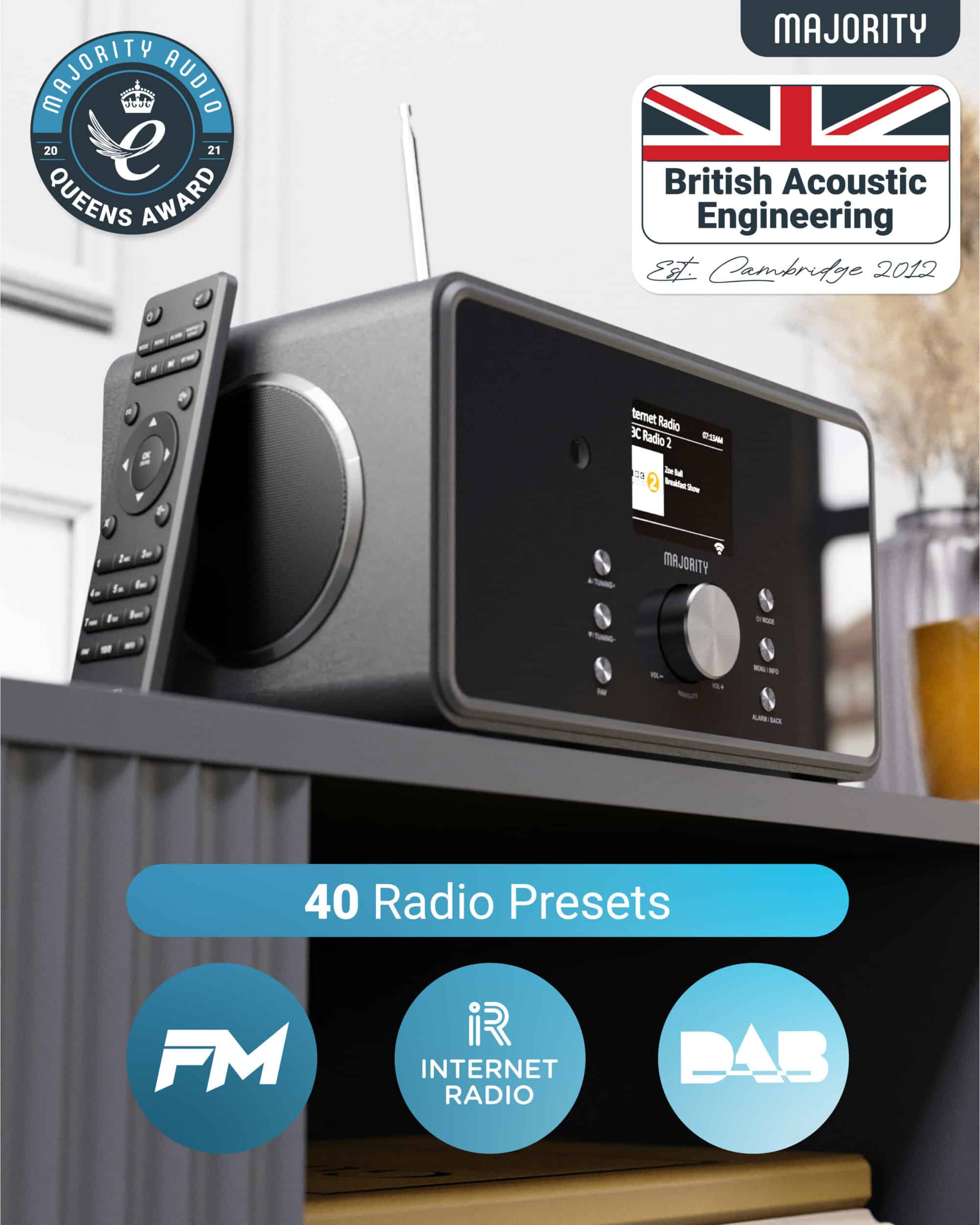 Majority Audio Bard stereo 2.1 radio met internetradio, DAB+, FM,  USB, Spotify en Bluetooth, zwart