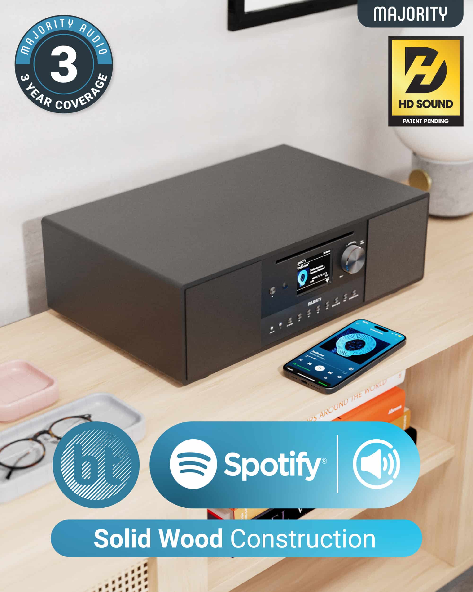 Majority Audio Quadriga stereo alles-in-1 radio met internetradio, DAB+, FM, CD, USB, Spotify en Bluetooth