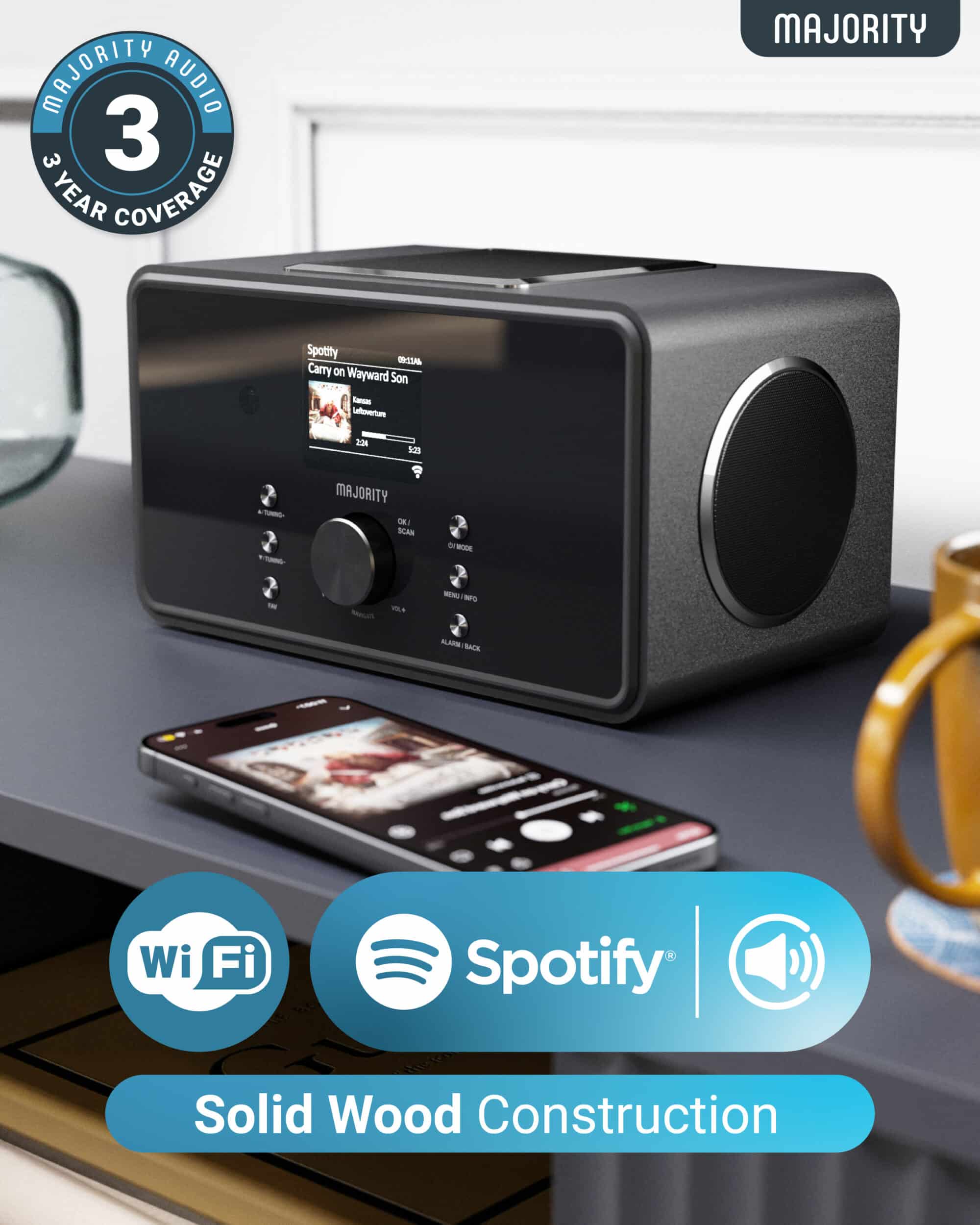 Majority Audio Bard stereo 2.1 radio met internetradio, DAB+, FM,  USB, Spotify en Bluetooth, zwart
