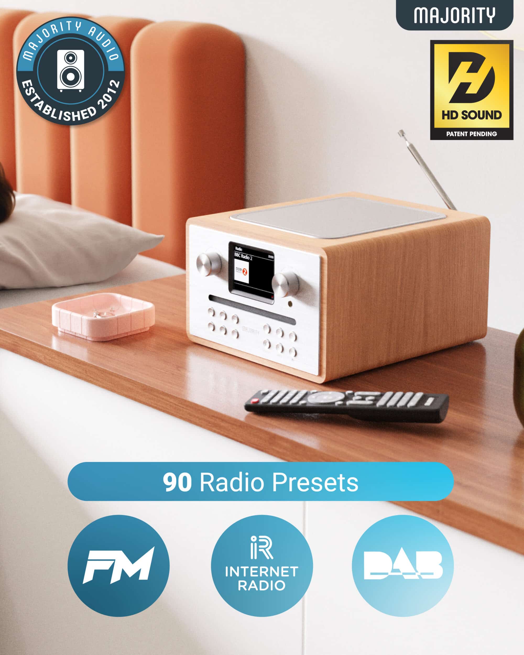 Majority Audio Homerton 2 radio met internetradio, DAB+, FM,  CD, USB, Spotify en Bluetooth, eiken