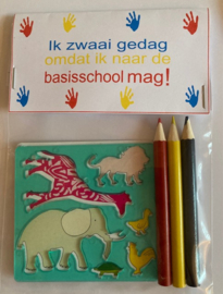 SJABLOON MET 3 POTLOODJES IN ZAKJE MET LABEL IK ZWAAI GEDAG op = op