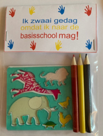 SJABLOON MET 3 POTLOODJES IN ZAKJE MET LABEL IK ZWAAI GEDAG