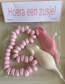 ZAKJE MET LABEL SNOEPKETTING EN 1 ROZE EN 1 WITTE MUIS