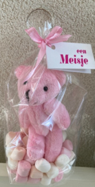 BEREN SLEUTELHANGER ROZE  INCL SPEKJES EN KAARTJE EEN MEISJE