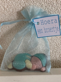 LICHT BLAUW ORGANZA ZAKJE MET 1 CHOCOLADE BABY