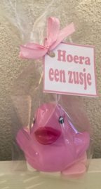 ROZE BADEENDJE IN ZAKJE INCL KAARTJE HOERA EEN ZUSJE