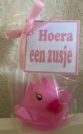 ROZE EENDJE IN ZAKJE MET LINTJE EN KAARTJE HOERA EEN ZUSJE