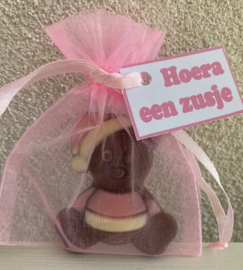 CHOCOLADE BABY IN ORGANZA ZAKJE KAARTJE HOERA EEN ZUSJE