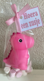 ROZE DINO MET LICHTJE INCL KAARTJE EEN ZUSJE