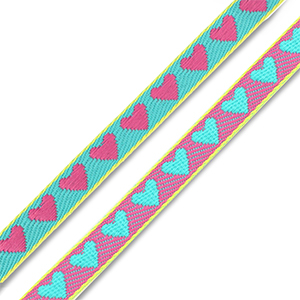 Lint met tekst hartjes Turquoise green-fuchsia-yellow