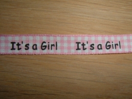 Mooi roze geruit lint met de tekst "It`s a Girl"