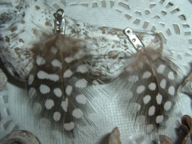Mooie zwarte veertjes met silk beige stippen van 4 cm.