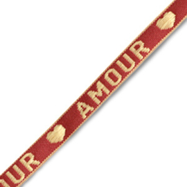 Lint met tekst "amour" Warm rood-beige per meter