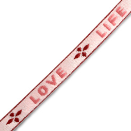 Lint met tekst "love life" Roze- warm rood per meter