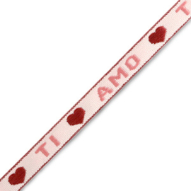 Lint met tekst "ti amo" Roze-warm rood per meter