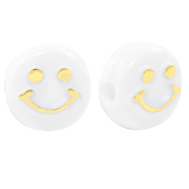 Off white ronde letterkralen met een gouden smiley 10 mm.