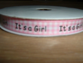 Mooi roze geruit lint met de tekst "It`s a Girl"